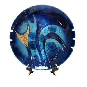 Sascha Brastoff Vintage 11.5"  Royal Blue enamel plate w abstract design MCM